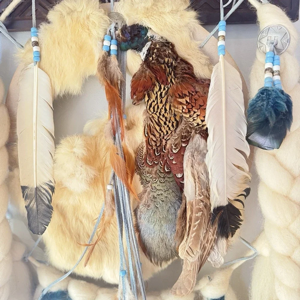 Vintage Native Large Dream Catcher‎ Wall Hanging Fur Feathers 41